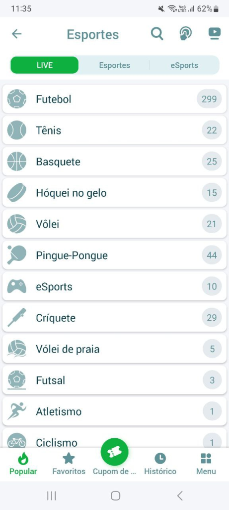 Oferta de esportes no app 22Bet. 